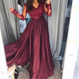 long sleeve lace appliqué prom dresses 2020 v neck Burgundy cheap prom gown robe de soiree