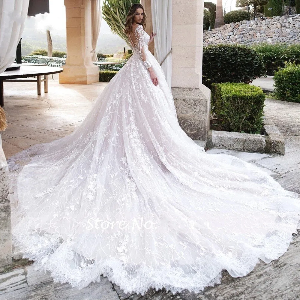 Long Sleeves Sexy Back Royal Train Bridal Dress