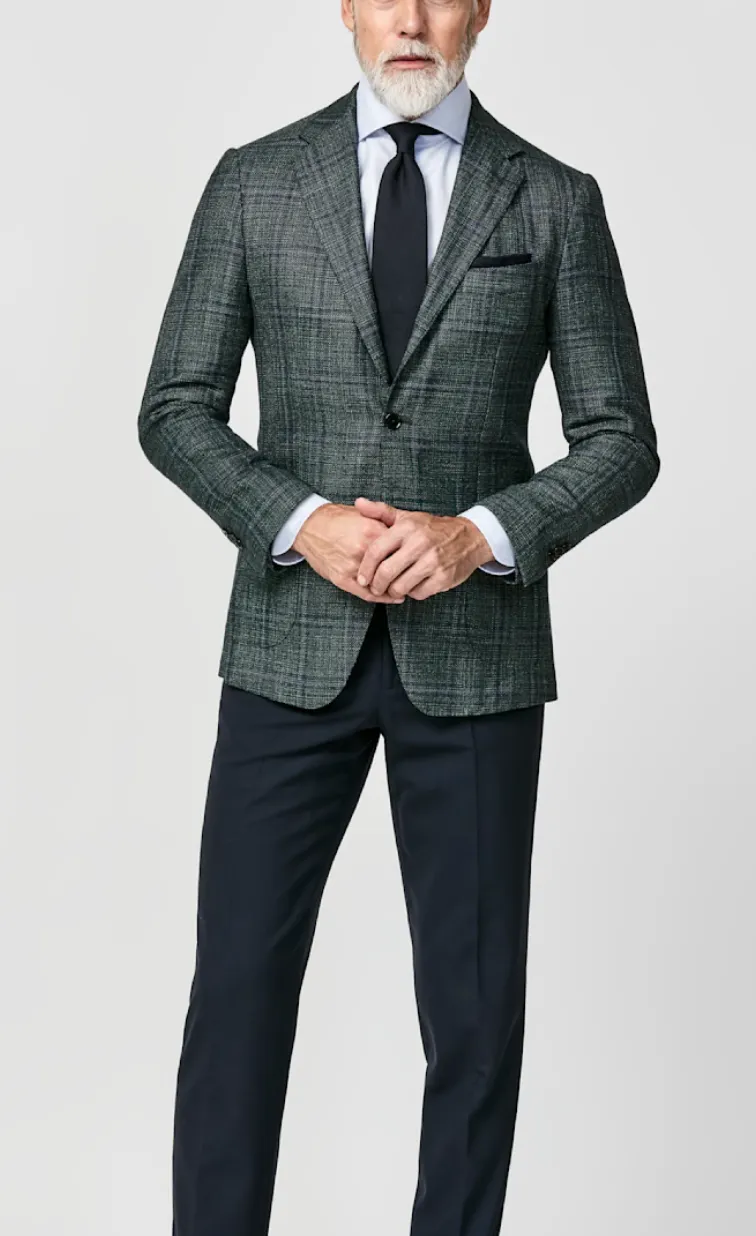 Loro Piana Silk Air Sage Green Merino Wool & Silk Basketweave with Blue Check