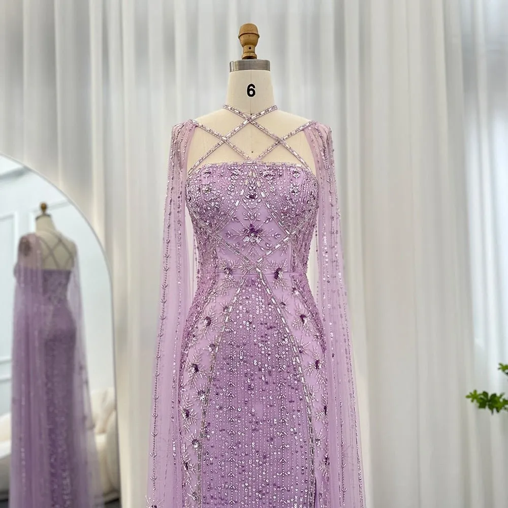 Luxury Dubai Aqua Lilac Arabic Mermaid Evening Dress