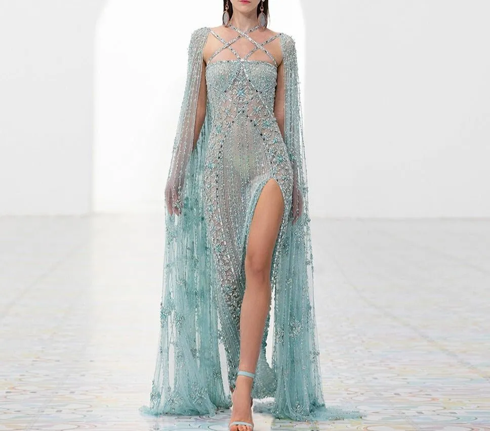 Luxury Dubai Aqua Lilac Arabic Mermaid Evening Dress