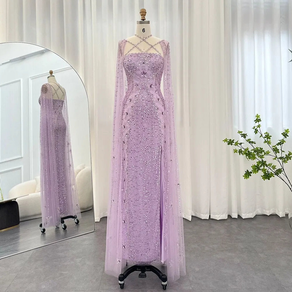 Luxury Dubai Aqua Lilac Arabic Mermaid Evening Dress
