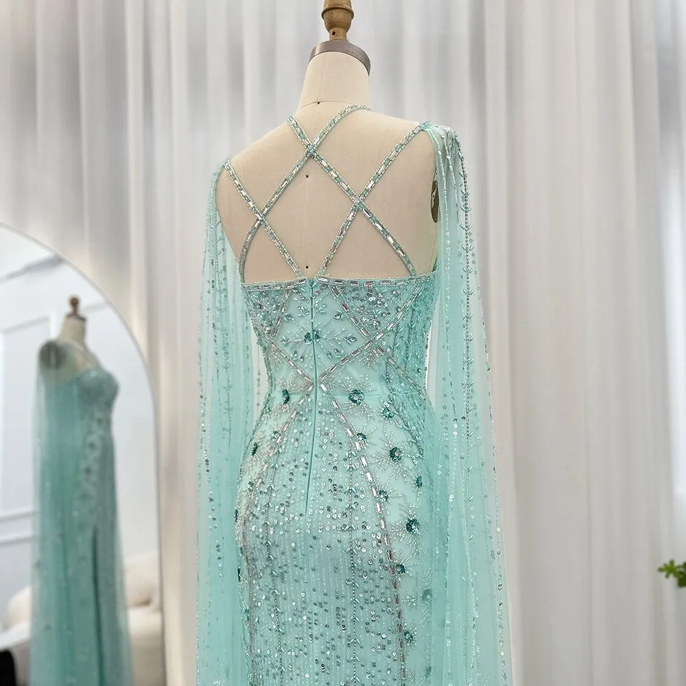 Luxury Dubai Aqua Lilac Arabic Mermaid Evening Dress