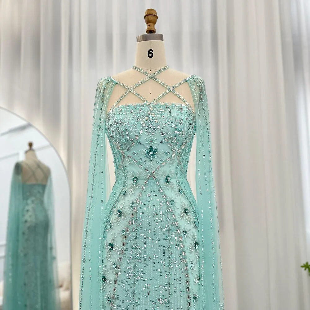 Luxury Dubai Aqua Lilac Arabic Mermaid Evening Dress