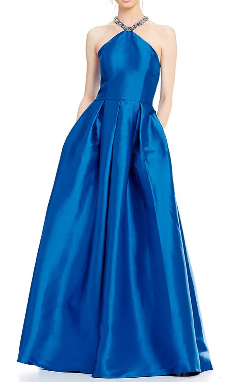 MACloth Halter Crystals Satin Long Prom Dress Royal Blue Ball Gown