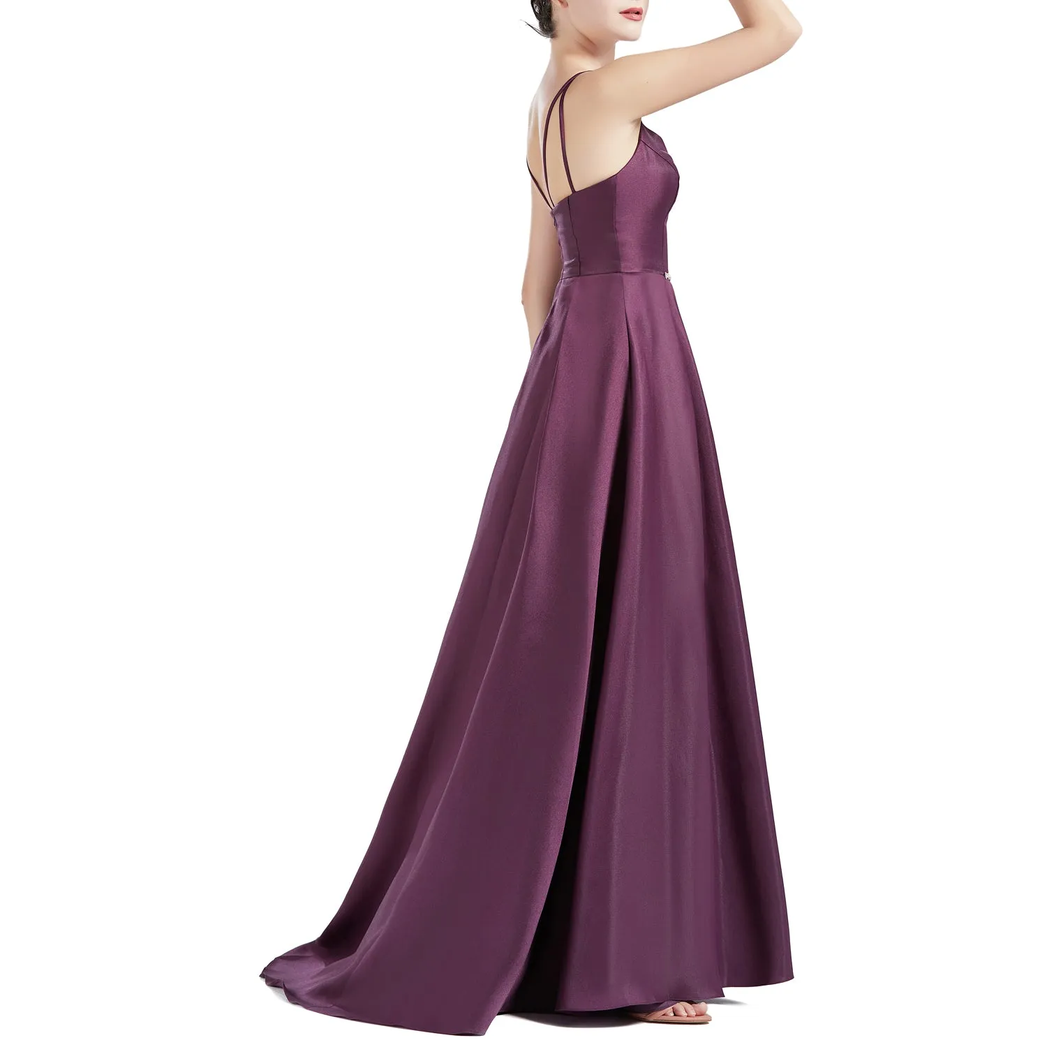 MACloth Women A Line V Neck Long Satin Prom Party Dresses Wedding Ball Gown