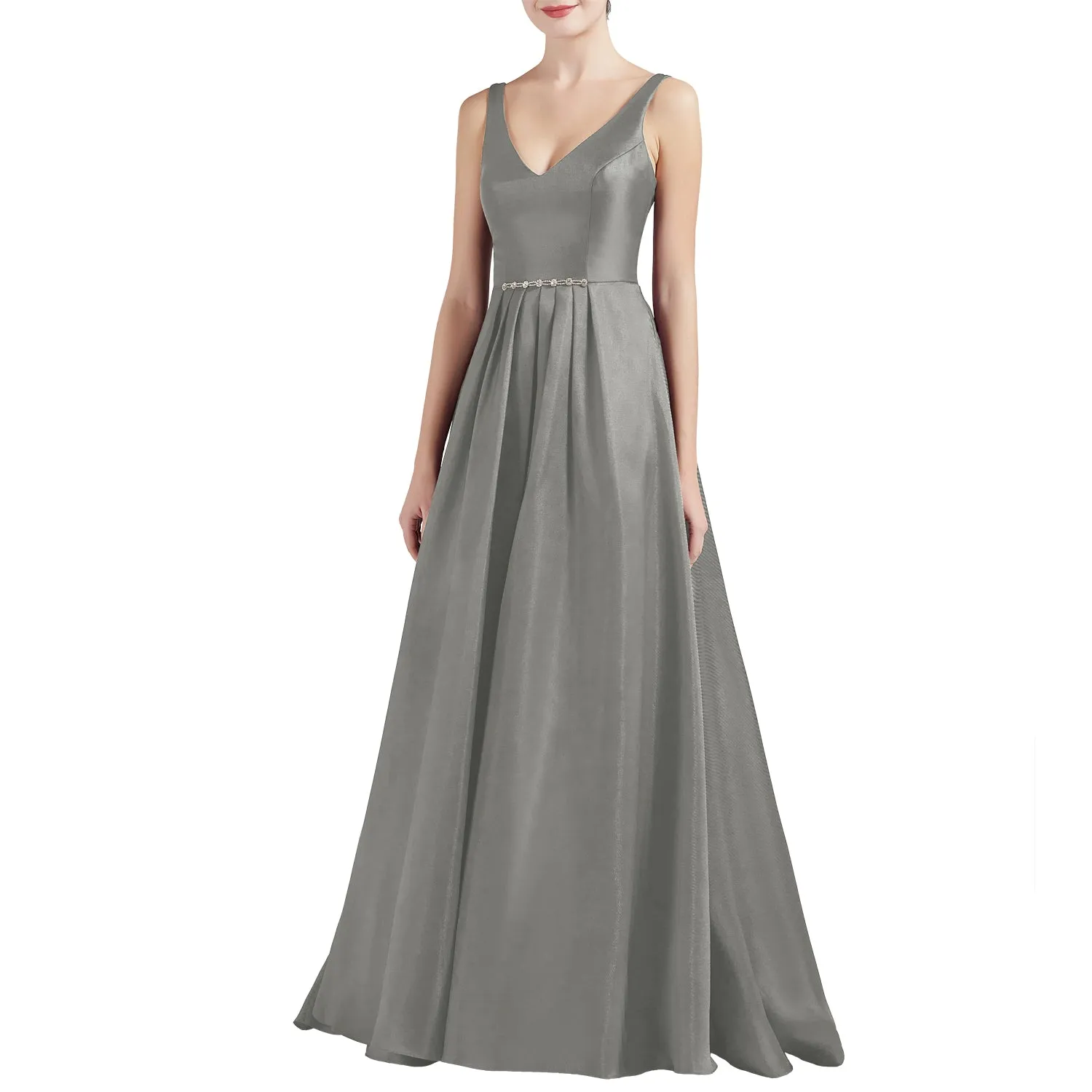 MACloth Women A Line V Neck Long Satin Prom Party Dresses Wedding Ball Gown