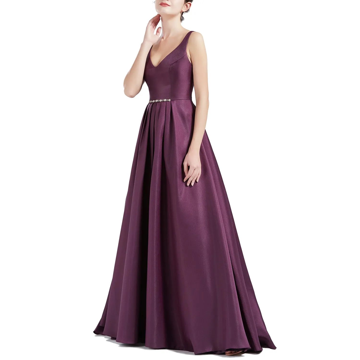 MACloth Women A Line V Neck Long Satin Prom Party Dresses Wedding Ball Gown