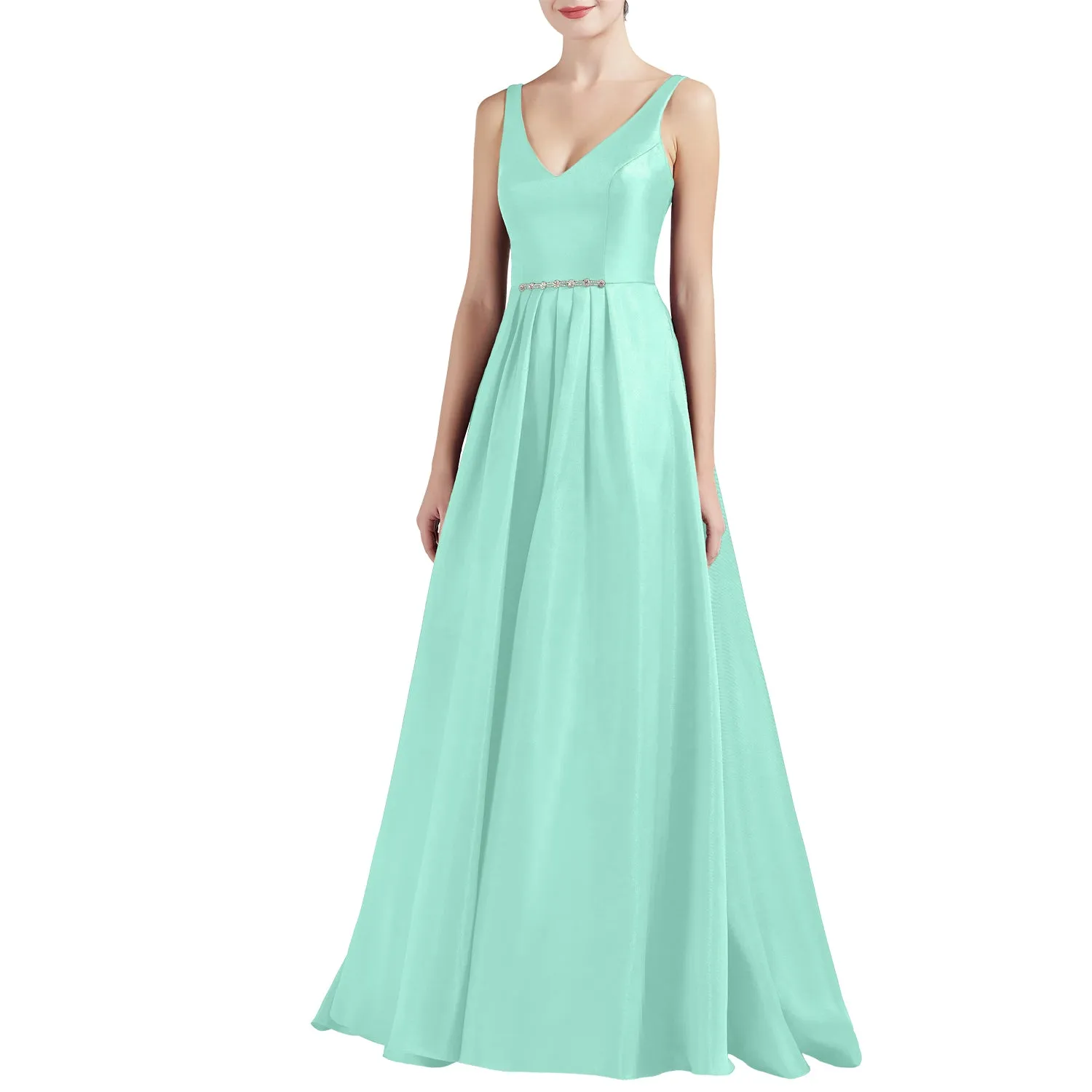 MACloth Women A Line V Neck Long Satin Prom Party Dresses Wedding Ball Gown