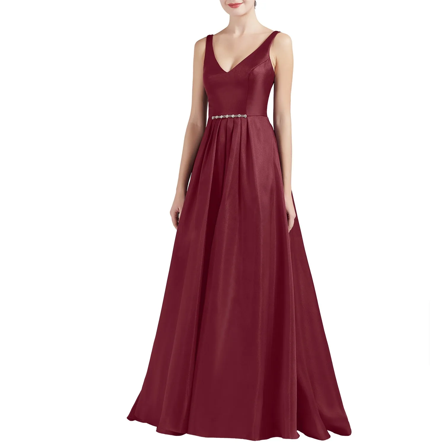 MACloth Women A Line V Neck Long Satin Prom Party Dresses Wedding Ball Gown