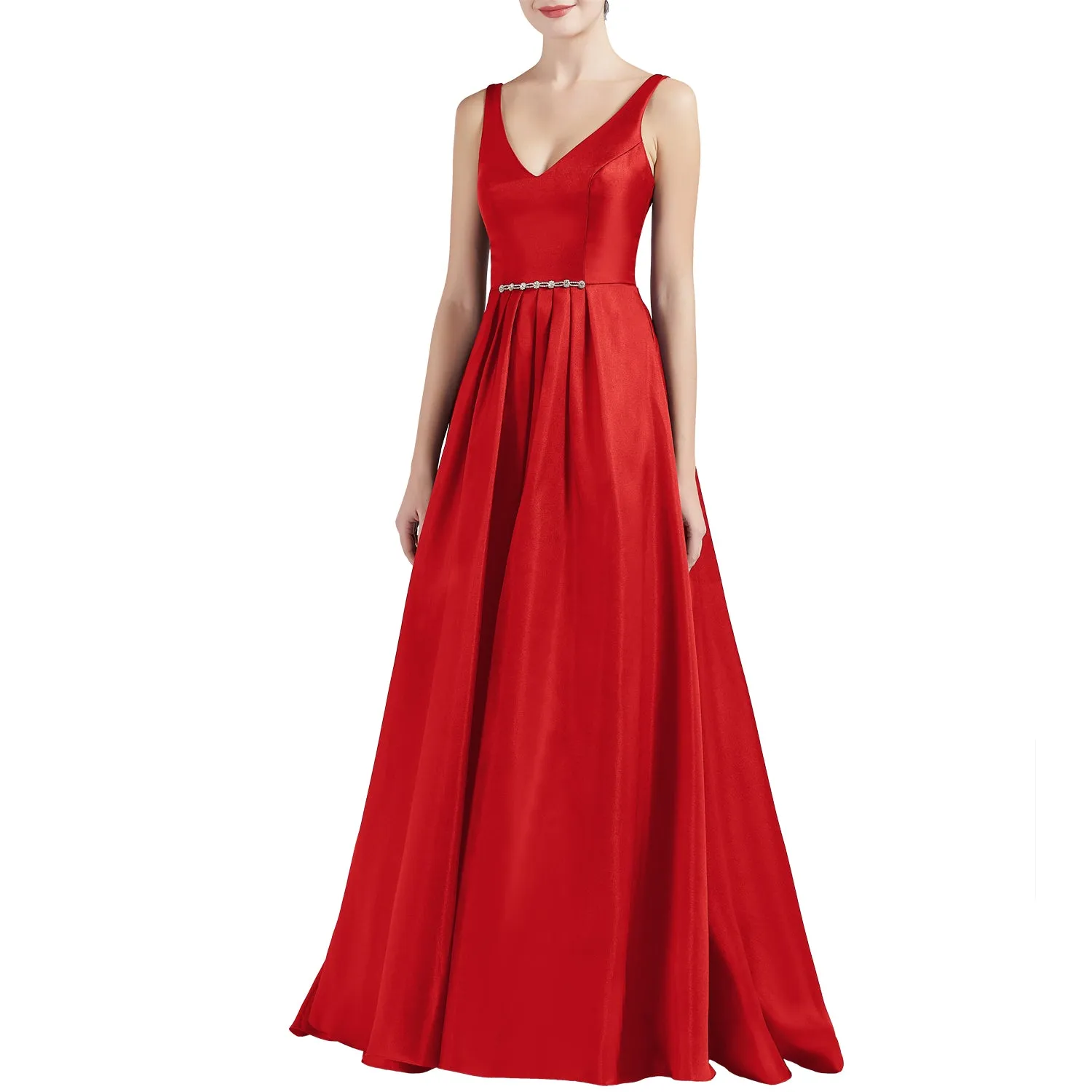 MACloth Women A Line V Neck Long Satin Prom Party Dresses Wedding Ball Gown