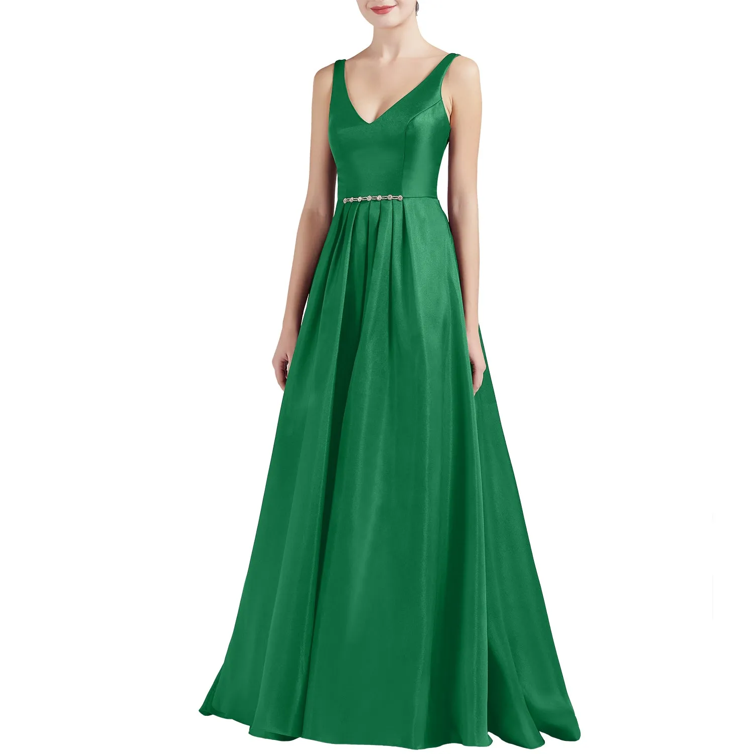 MACloth Women A Line V Neck Long Satin Prom Party Dresses Wedding Ball Gown