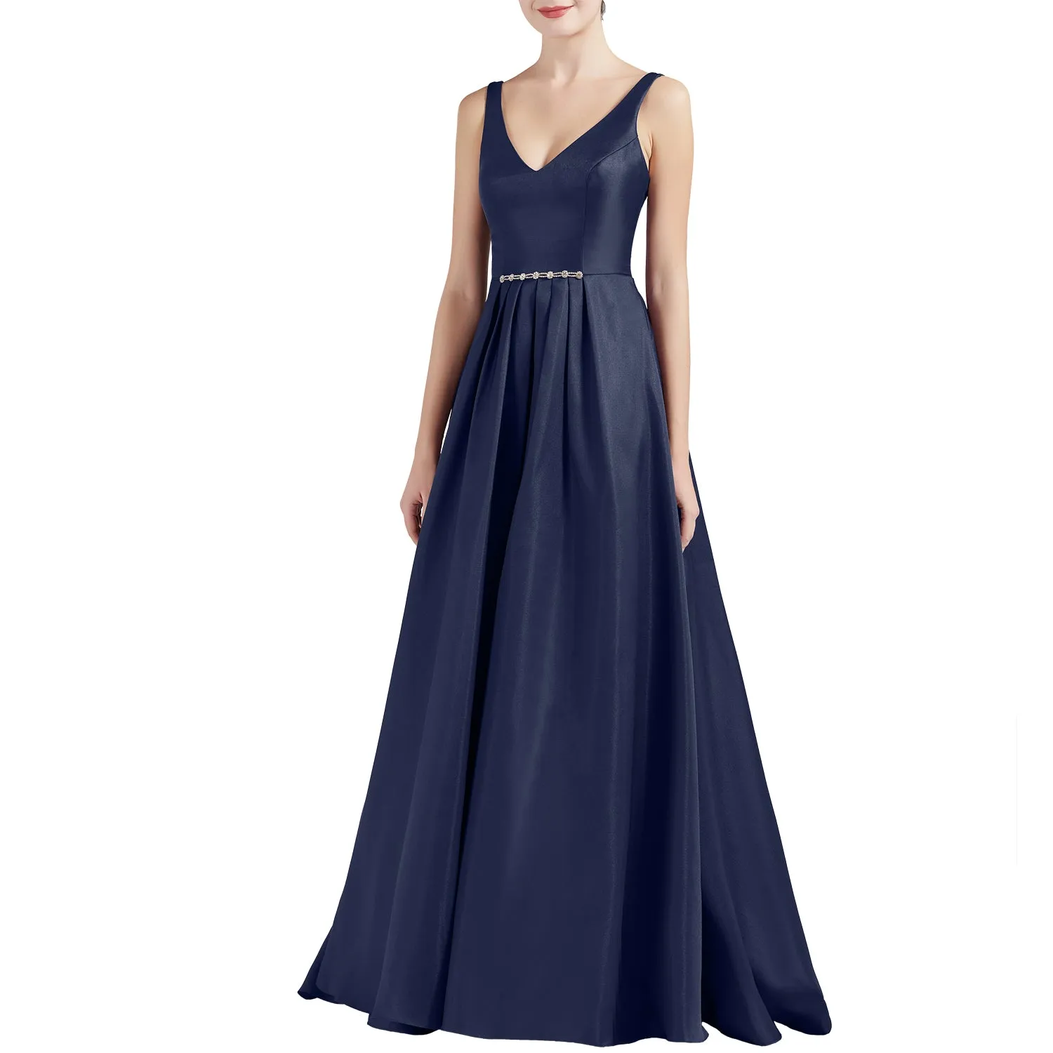 MACloth Women A Line V Neck Long Satin Prom Party Dresses Wedding Ball Gown