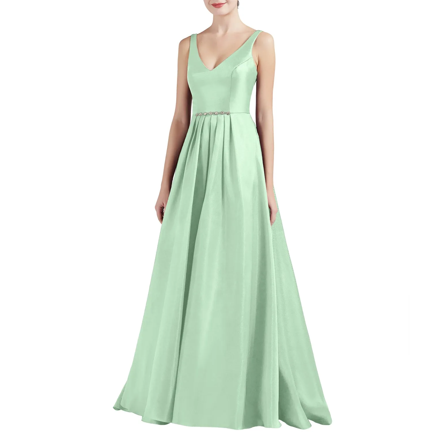 MACloth Women A Line V Neck Long Satin Prom Party Dresses Wedding Ball Gown