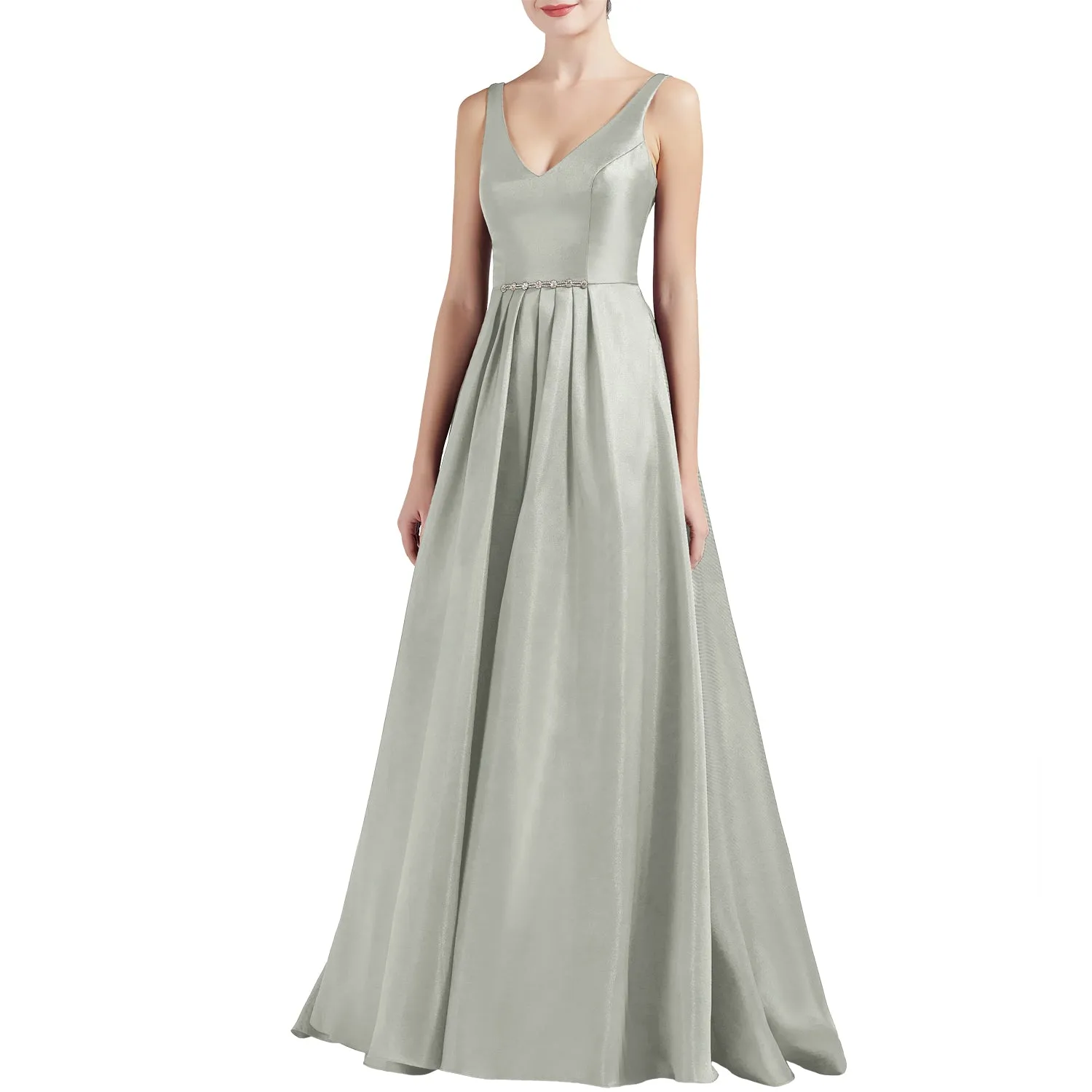 MACloth Women A Line V Neck Long Satin Prom Party Dresses Wedding Ball Gown
