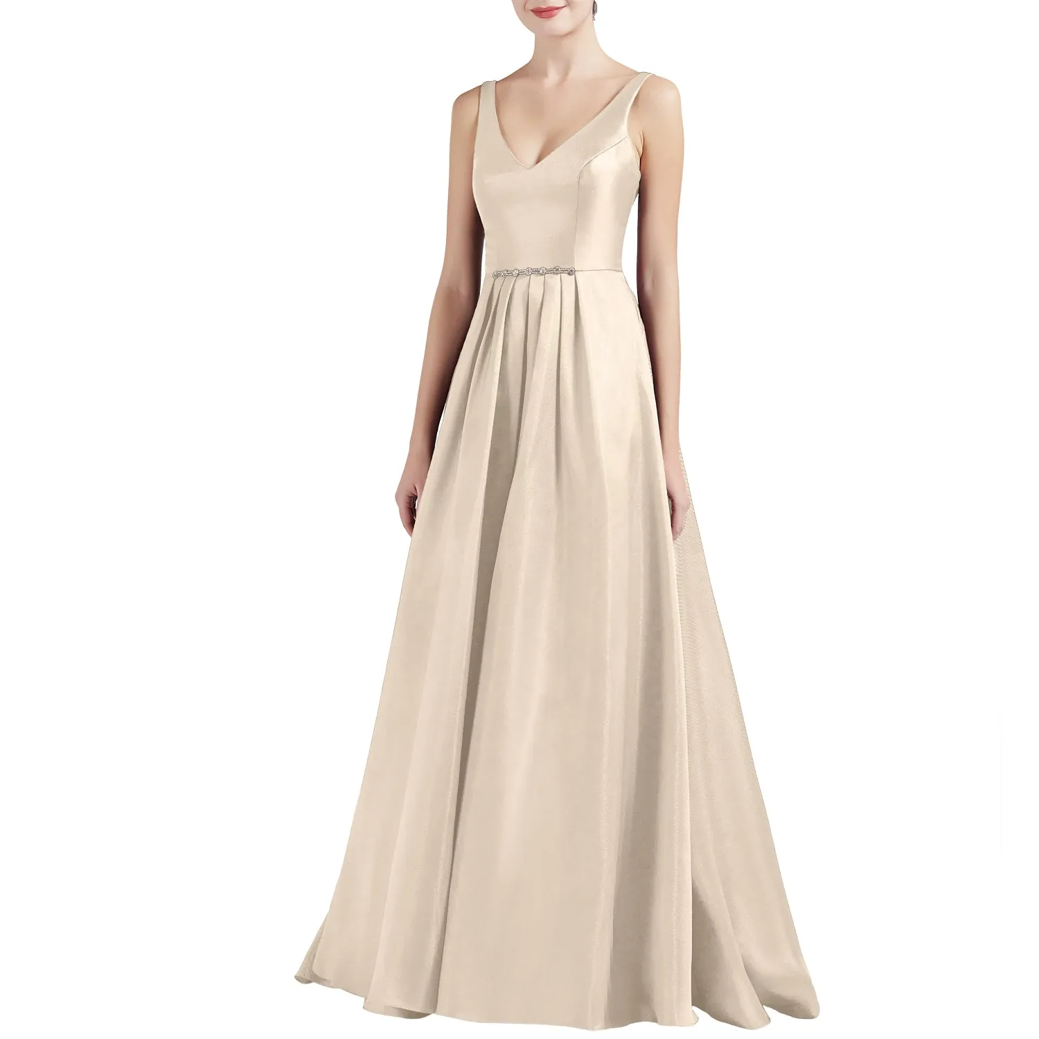MACloth Women A Line V Neck Long Satin Prom Party Dresses Wedding Ball Gown