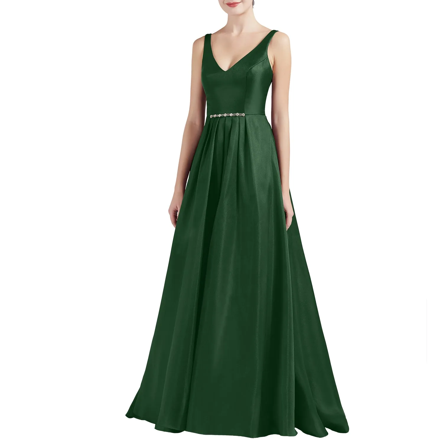 MACloth Women A Line V Neck Long Satin Prom Party Dresses Wedding Ball Gown