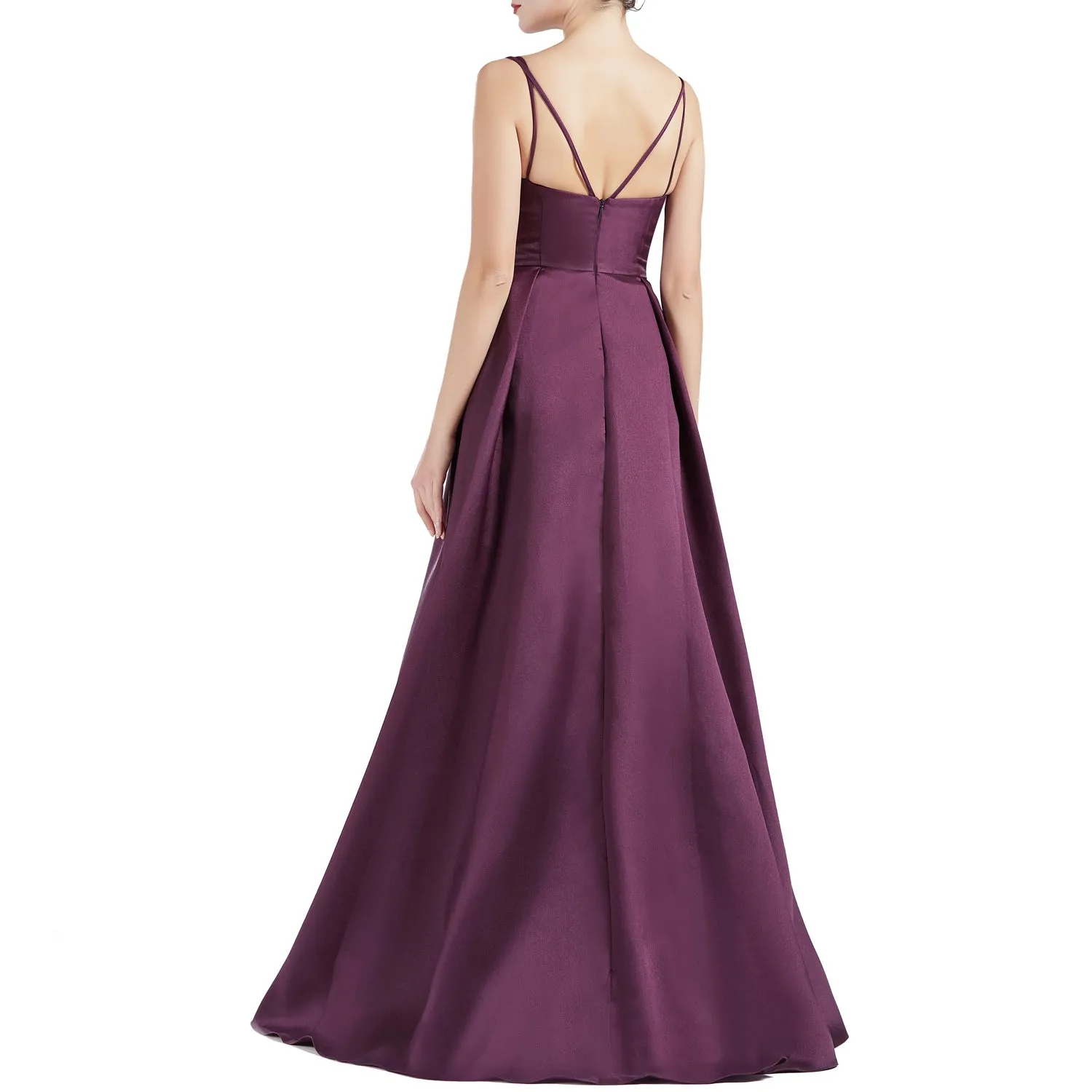 MACloth Women A Line V Neck Long Satin Prom Party Dresses Wedding Ball Gown