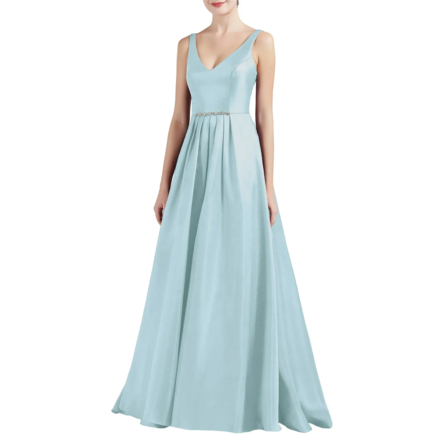 MACloth Women A Line V Neck Long Satin Prom Party Dresses Wedding Ball Gown