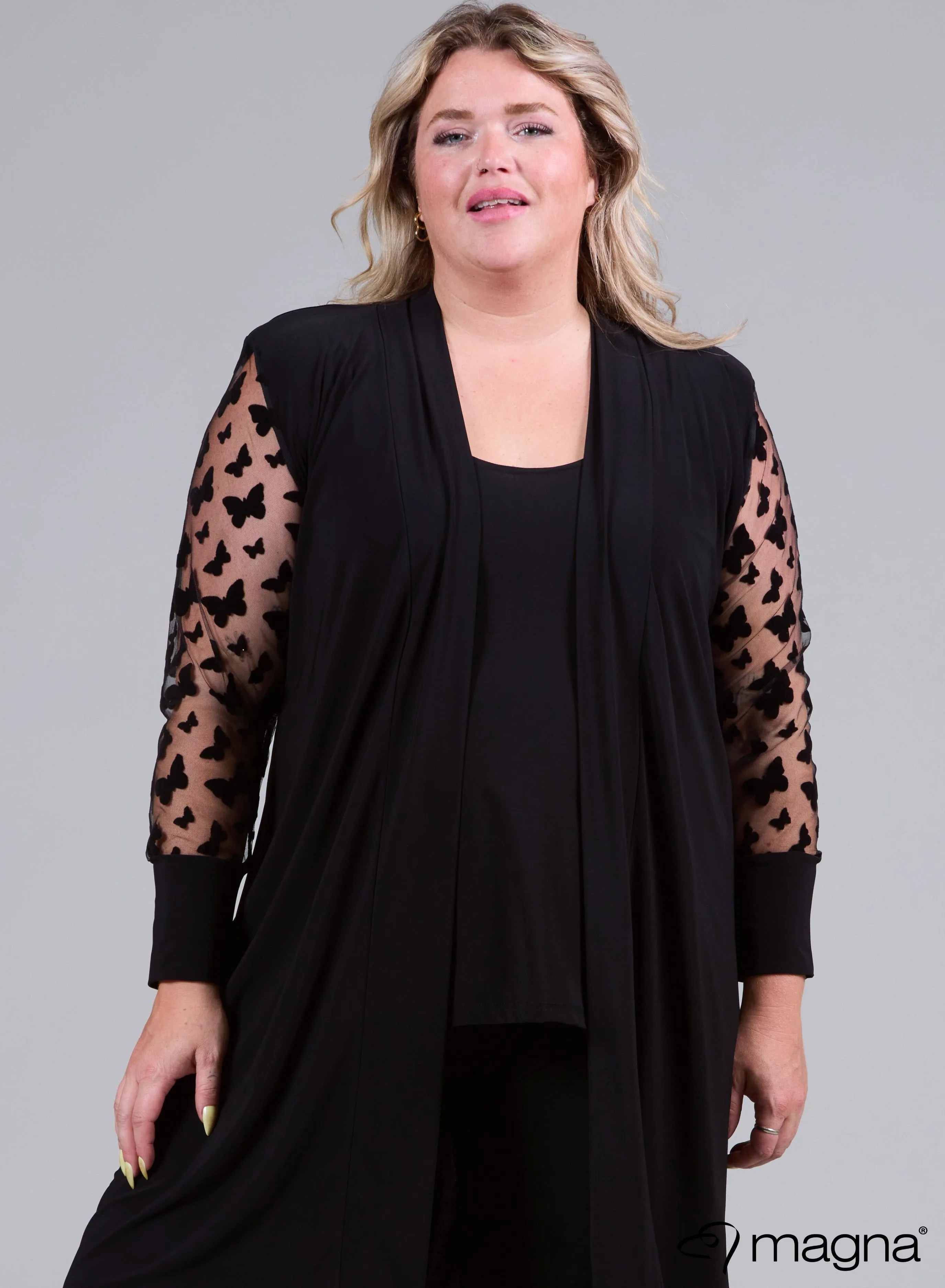 Magna Cardigan With Chiffon Mesh Sleeves Butterfly Design