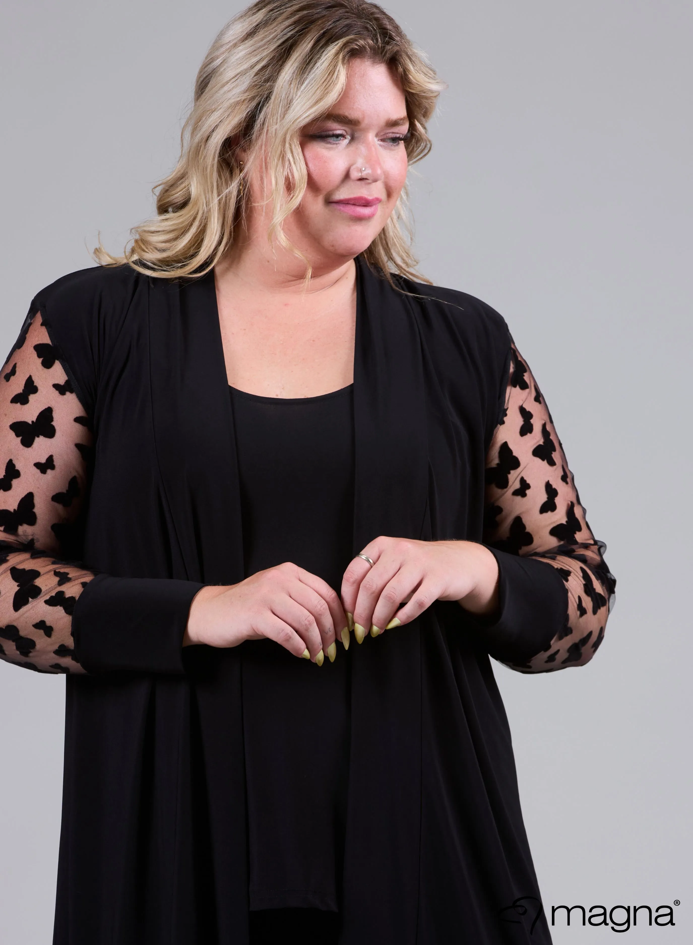Magna Cardigan With Chiffon Mesh Sleeves Butterfly Design