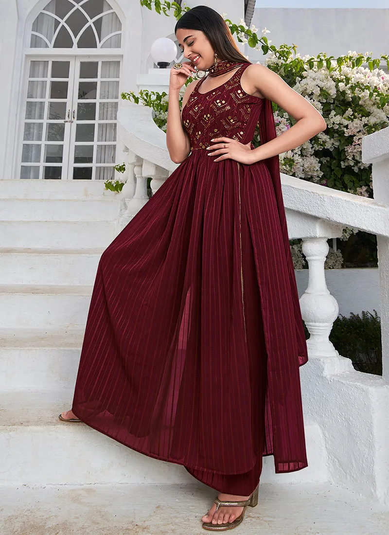 Maroon Zari And Sequence Embroidery High Slit Anarkali Suit