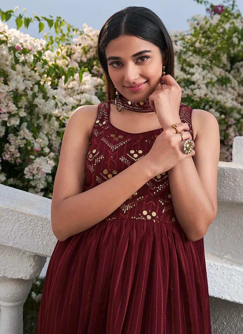 Maroon Zari And Sequence Embroidery High Slit Anarkali Suit