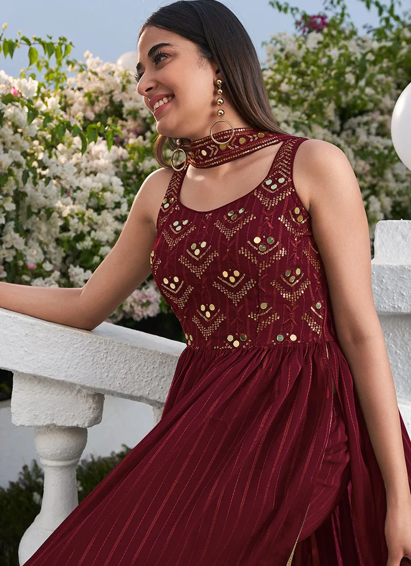 Maroon Zari And Sequence Embroidery High Slit Anarkali Suit