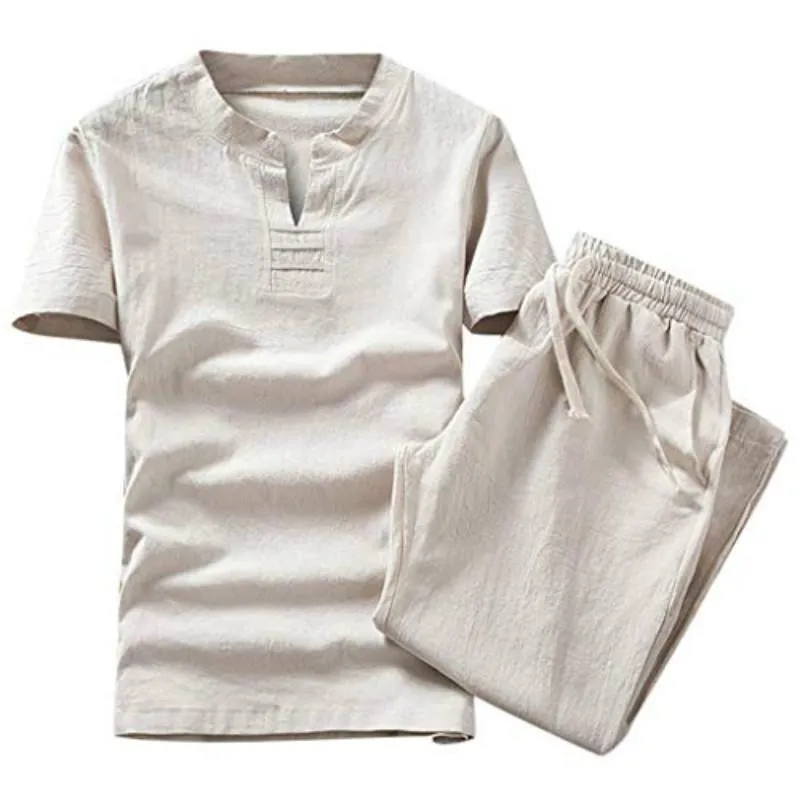 Men Shorts Suit Summer Fashion Casual Cotton Linen Short Sleeve Tracksuit