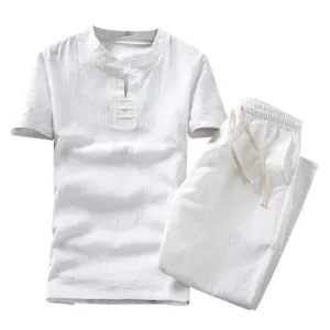 Men Shorts Suit Summer Fashion Casual Cotton Linen Short Sleeve Tracksuit