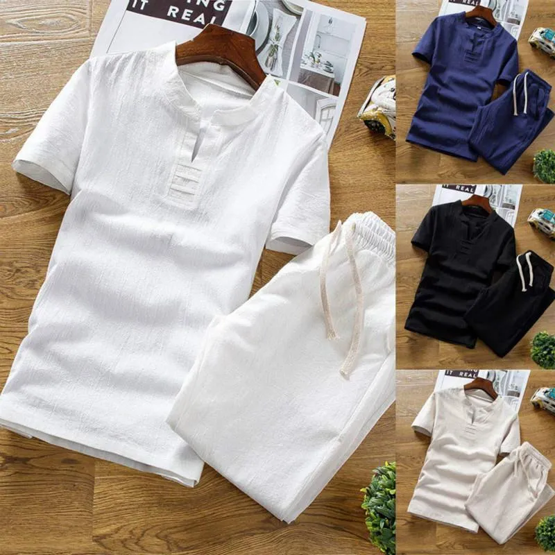 Men Shorts Suit Summer Fashion Casual Cotton Linen Short Sleeve Tracksuit