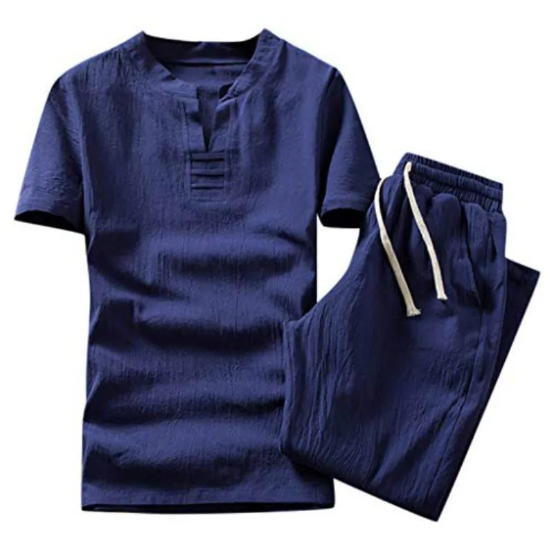 Men Shorts Suit Summer Fashion Casual Cotton Linen Short Sleeve Tracksuit
