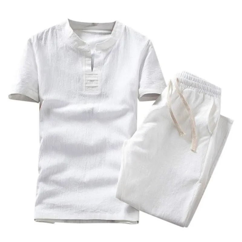 Men Shorts Suit Summer Fashion Casual Cotton Linen Short Sleeve Tracksuit