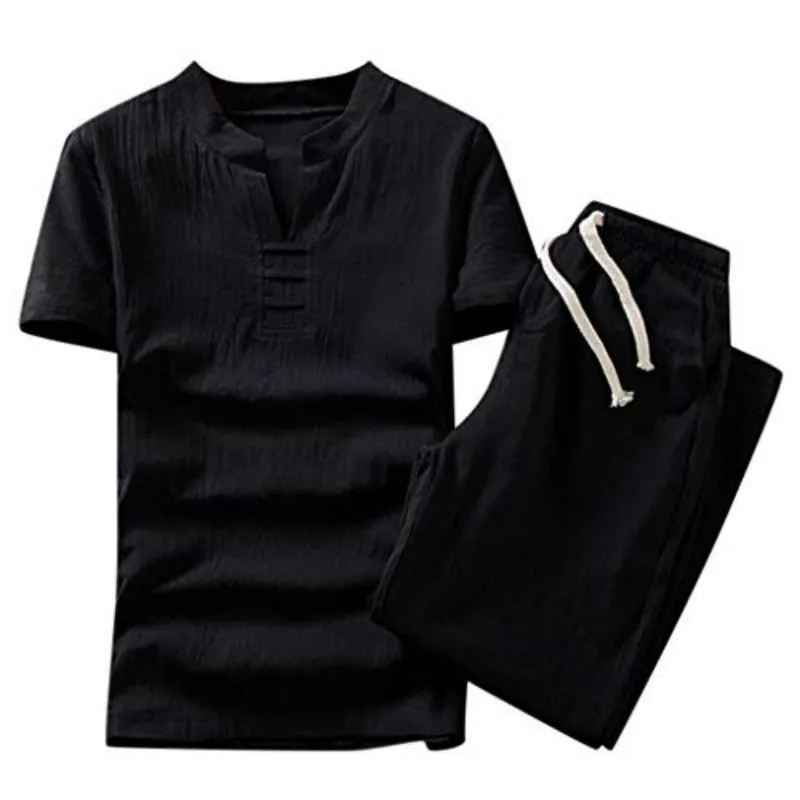Men Shorts Suit Summer Fashion Casual Cotton Linen Short Sleeve Tracksuit