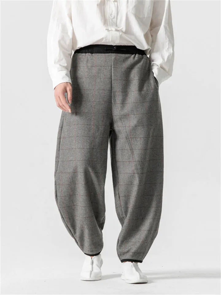 Men's Autumn Winter Color Contrast Plaid Wool Blend Pants