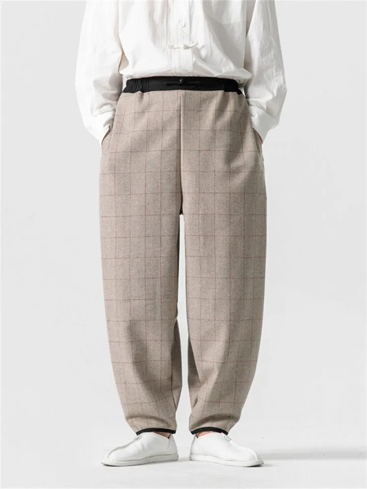 Men's Autumn Winter Color Contrast Plaid Wool Blend Pants