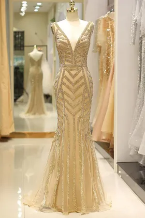 Mermaid Deep V-Neck Gold Beaded Prom Dress