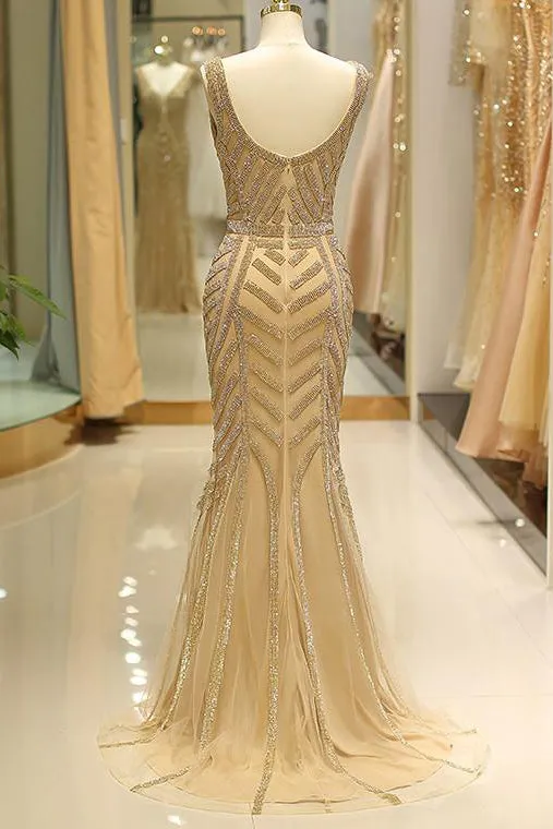 Mermaid Deep V-Neck Gold Beaded Prom Dress