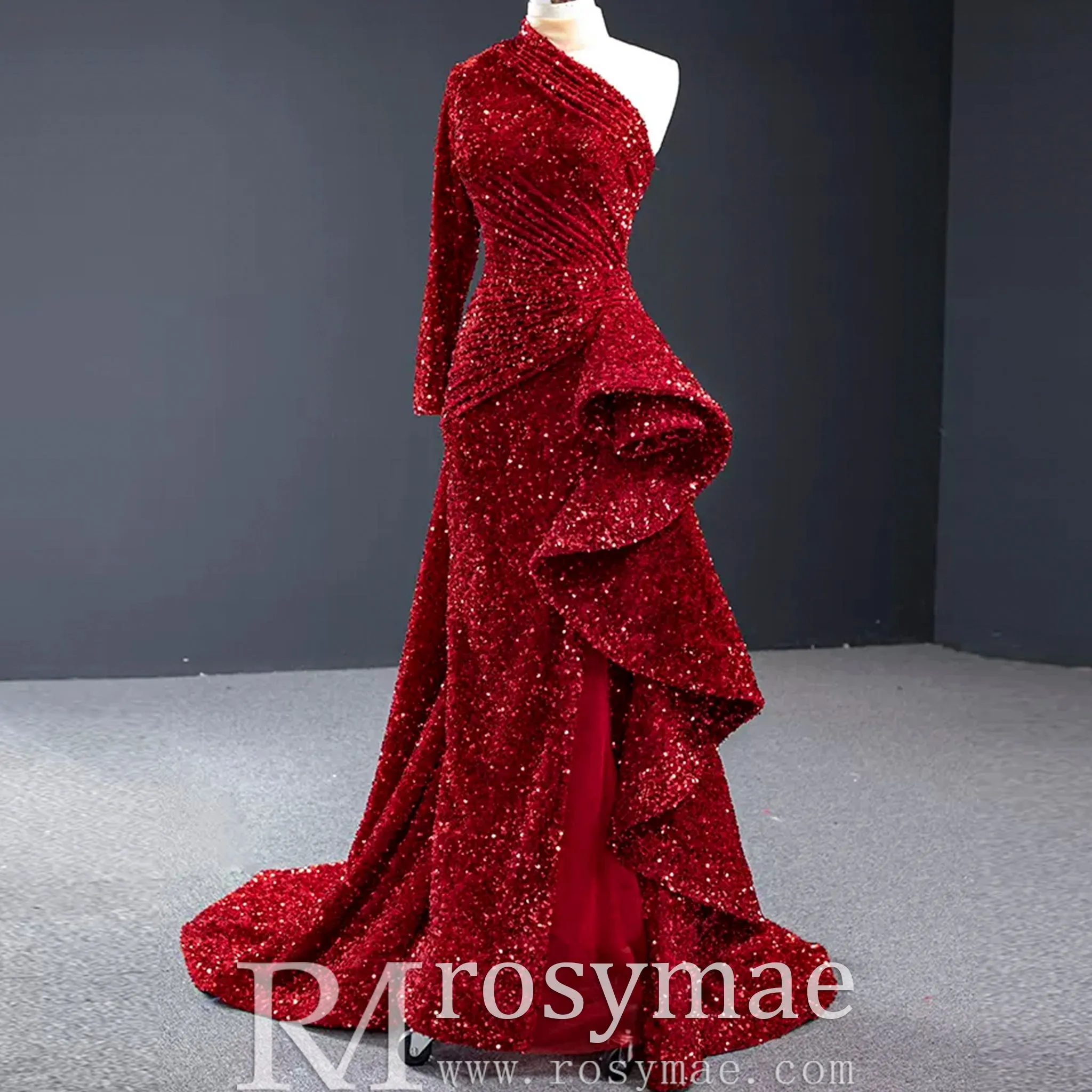 Mermaid Sequins One Shoulder Long Sleeve Ruffle Prom Dress