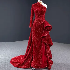 Mermaid Sequins One Shoulder Long Sleeve Ruffle Prom Dress
