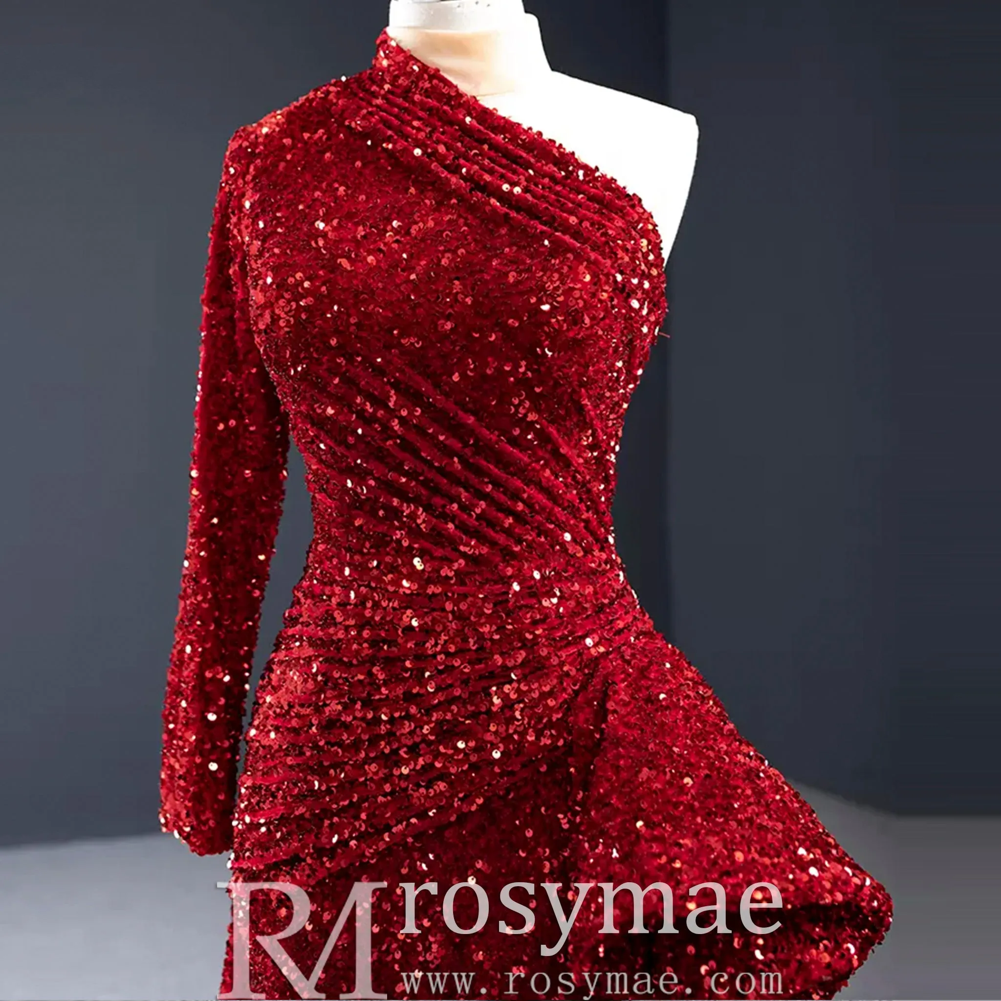 Mermaid Sequins One Shoulder Long Sleeve Ruffle Prom Dress