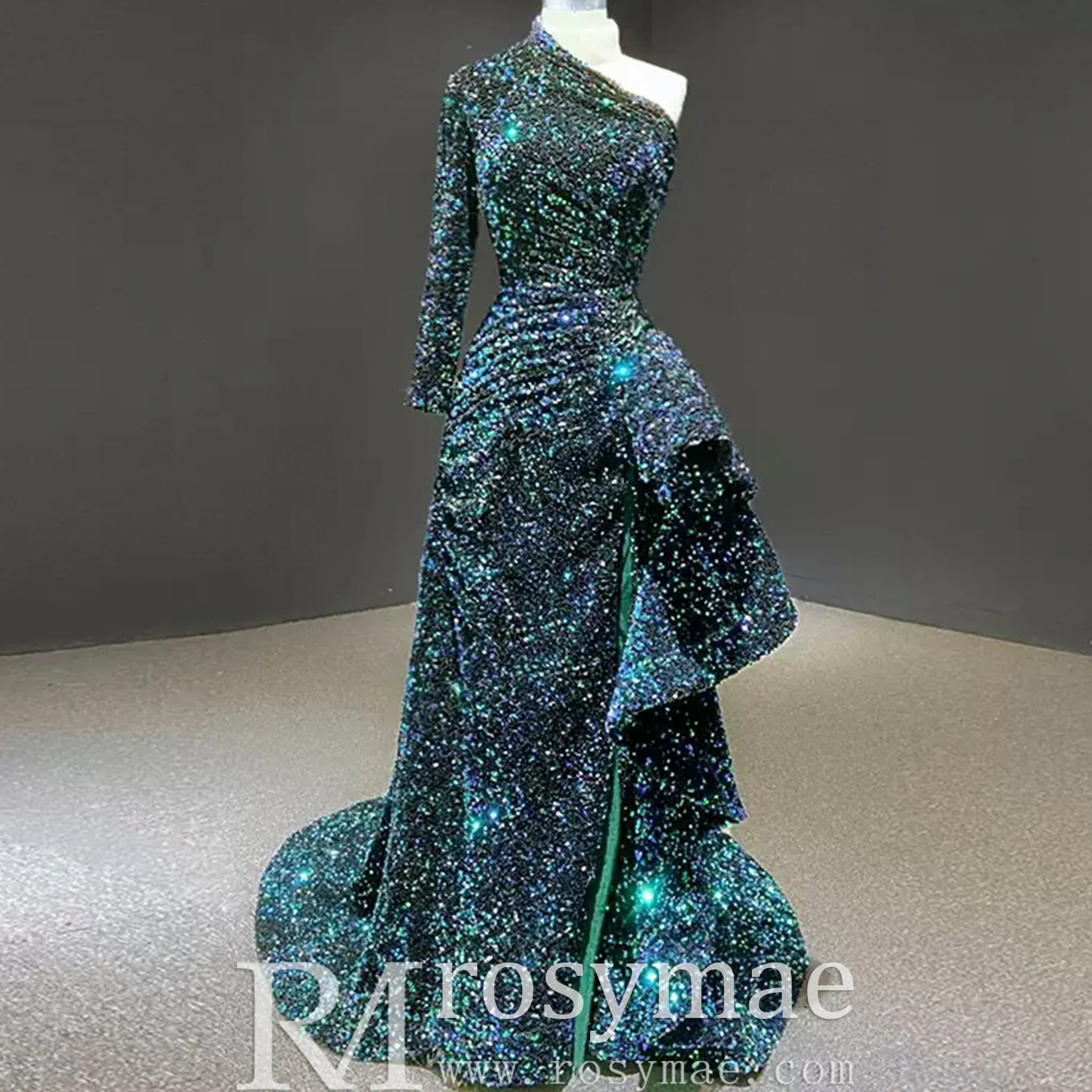 Mermaid Sequins One Shoulder Long Sleeve Ruffle Prom Dress