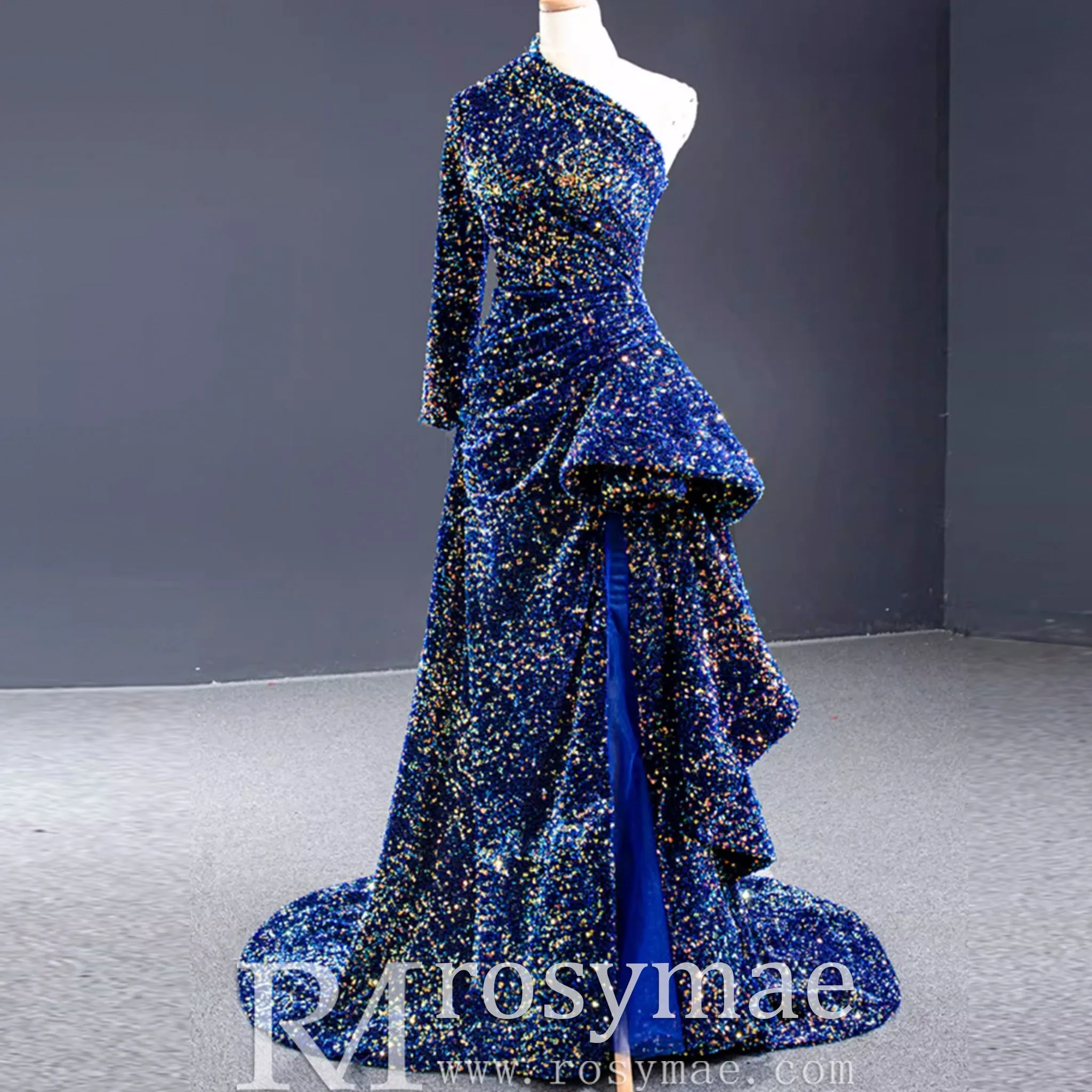 Mermaid Sequins One Shoulder Long Sleeve Ruffle Prom Dress