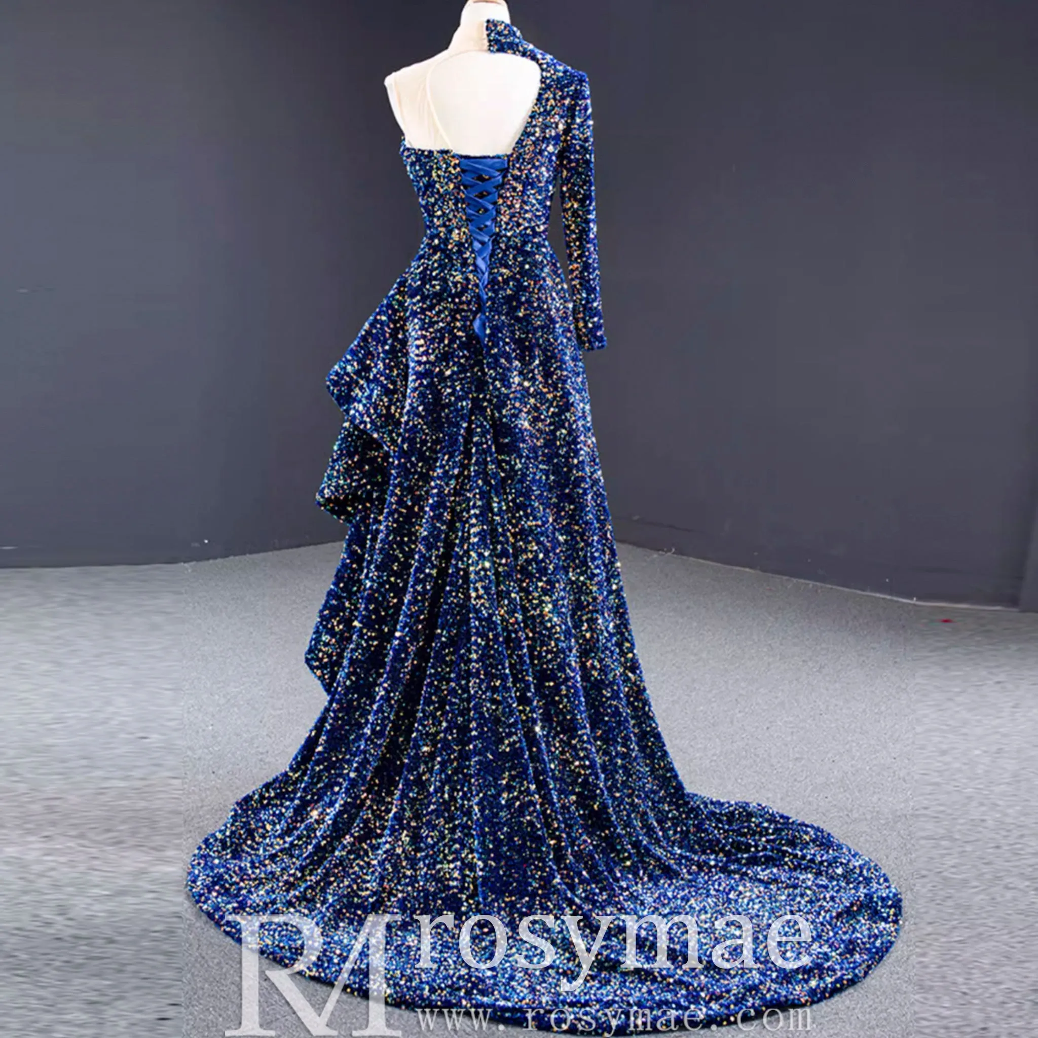Mermaid Sequins One Shoulder Long Sleeve Ruffle Prom Dress