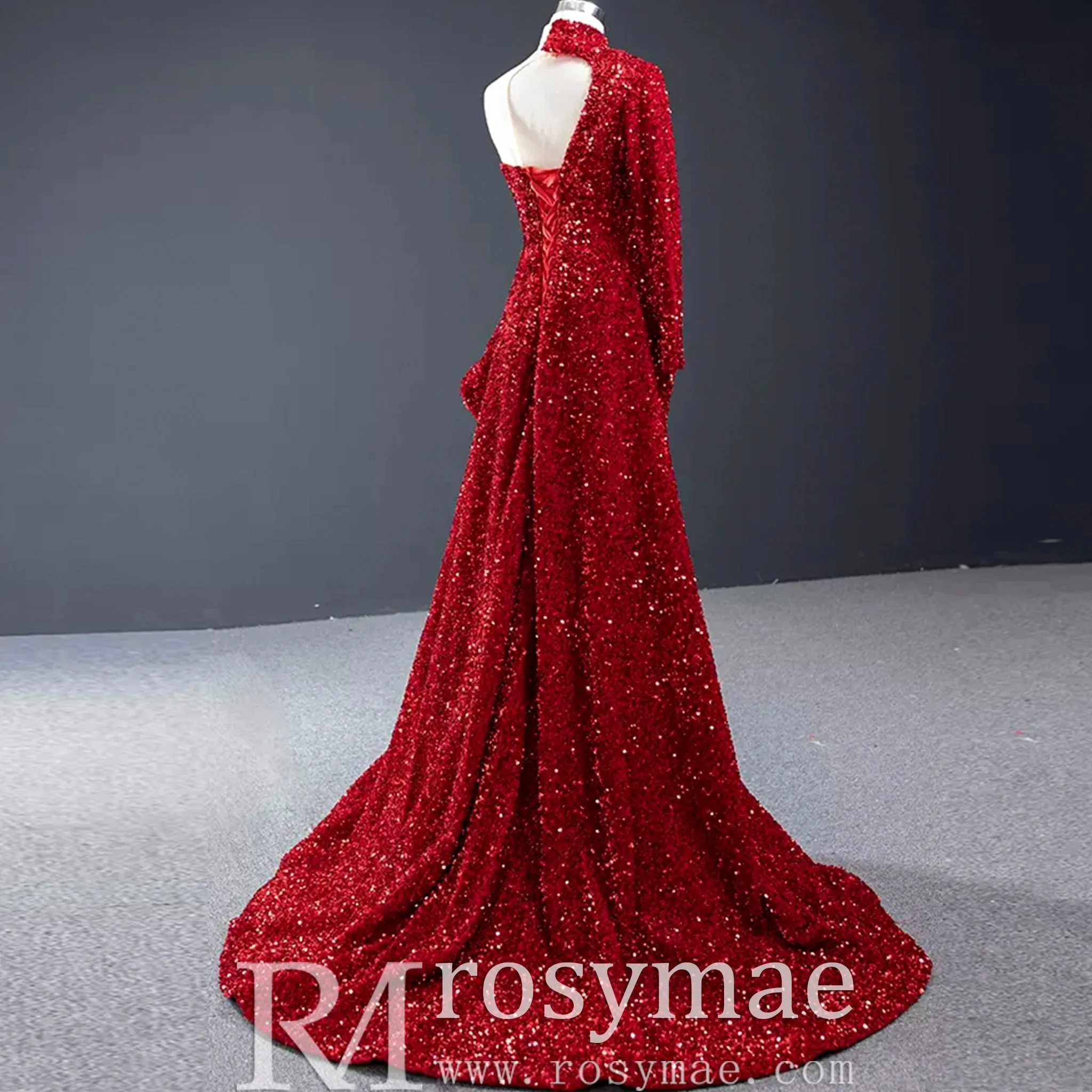 Mermaid Sequins One Shoulder Long Sleeve Ruffle Prom Dress