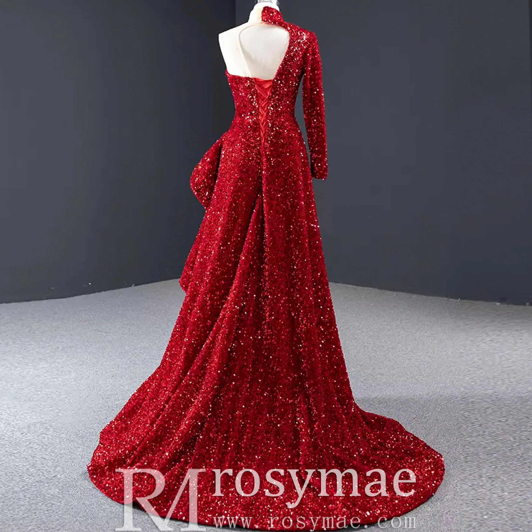 Mermaid Sequins One Shoulder Long Sleeve Ruffle Prom Dress