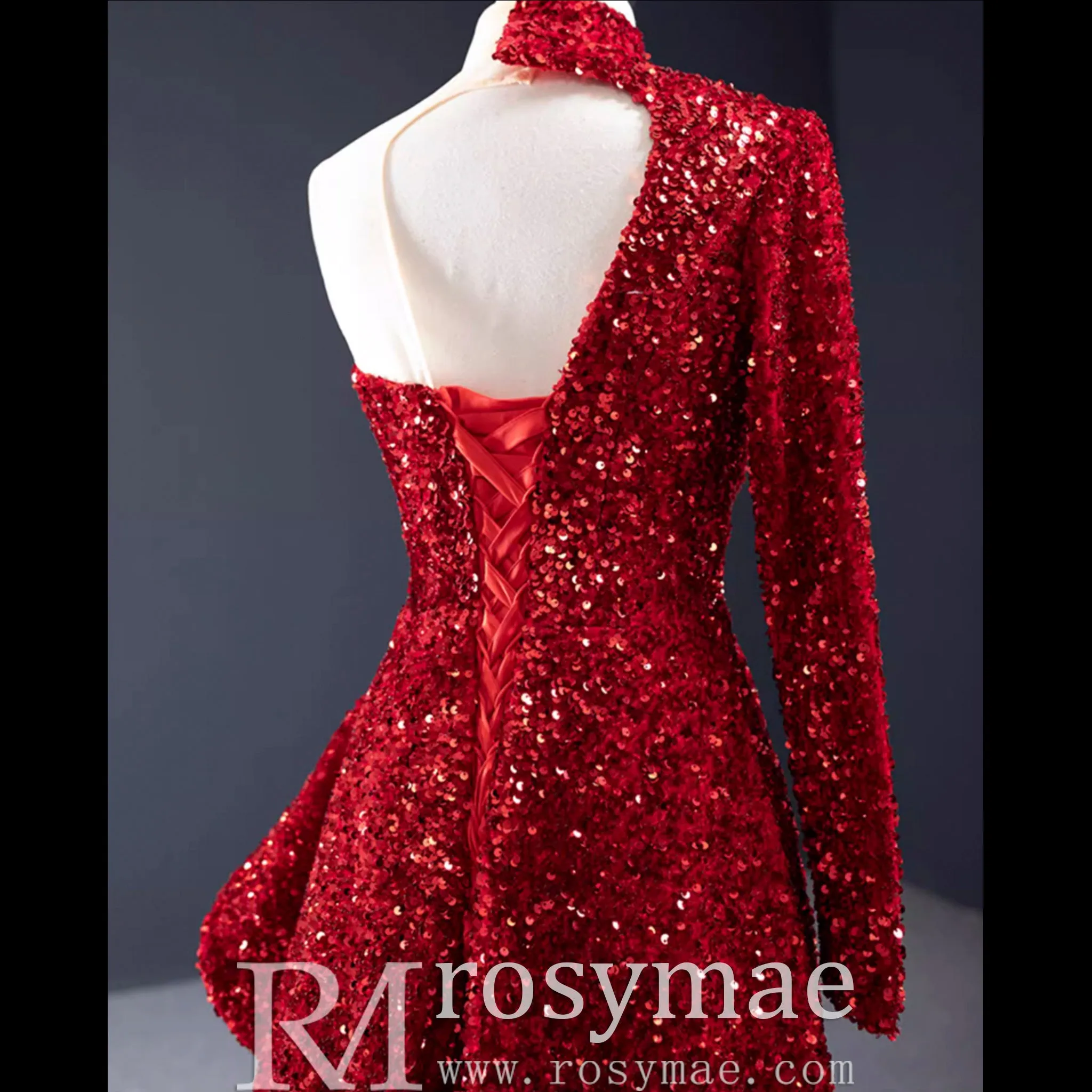 Mermaid Sequins One Shoulder Long Sleeve Ruffle Prom Dress