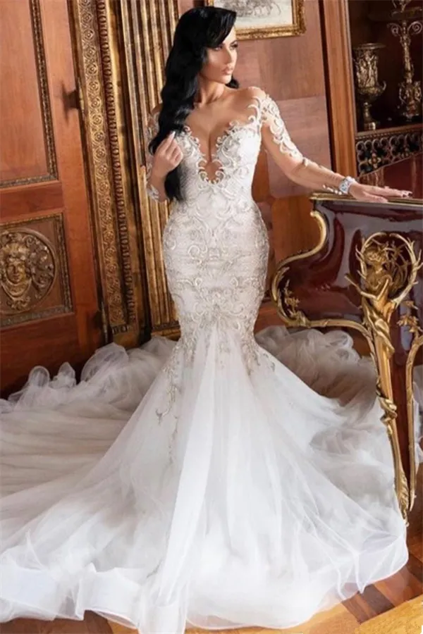 Mermaid V-neck Long Sleeves Floor Length Tulle Beading Applique Wedding Dress
