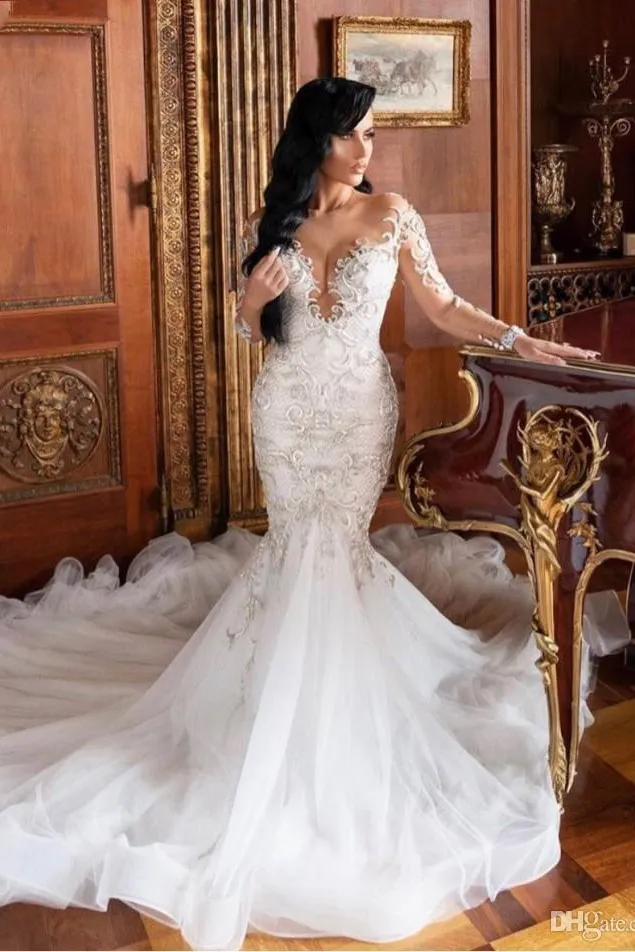 Mermaid V-neck Long Sleeves Floor Length Tulle Beading Applique Wedding Dress