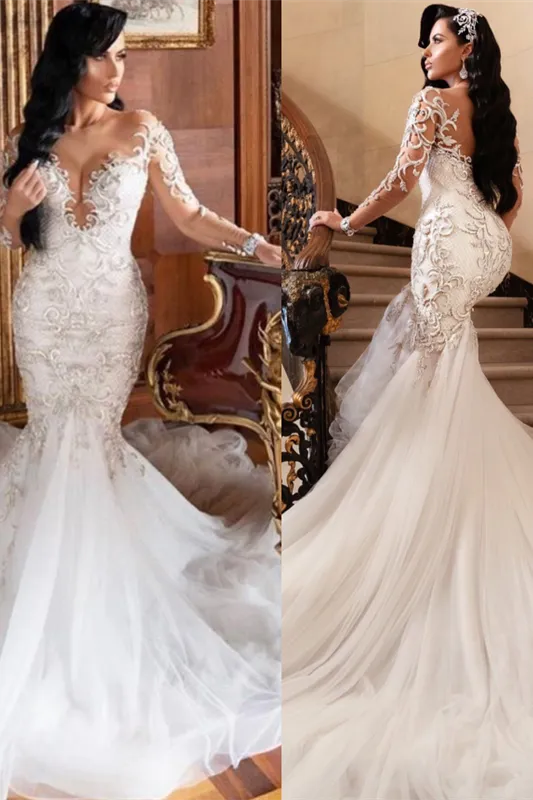 Mermaid V-neck Long Sleeves Floor Length Tulle Beading Applique Wedding Dress